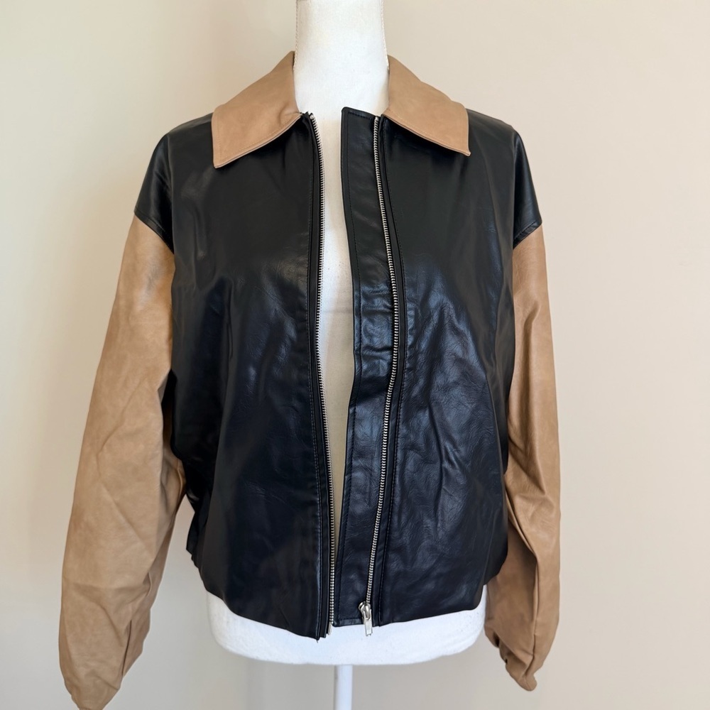 NWT Elan Oakley bomber faux leather color block women's size medium oversized - Picture 5 of 12